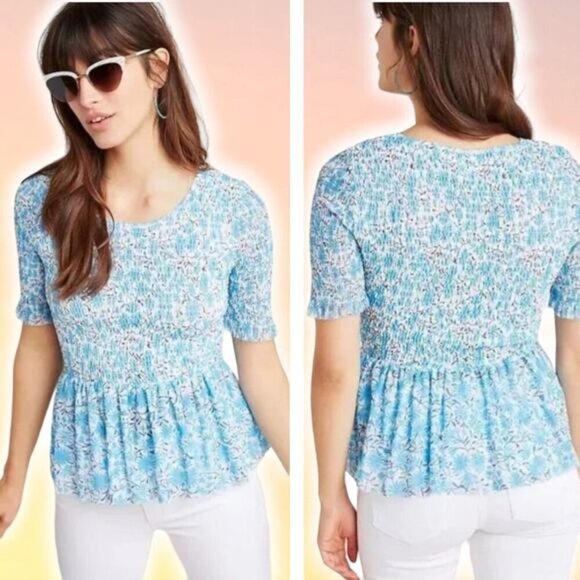 NWT MAEVE Anthropologie Ashton Smocked Peplum Top Sz XS Blue Motif - Picture 1 of 6